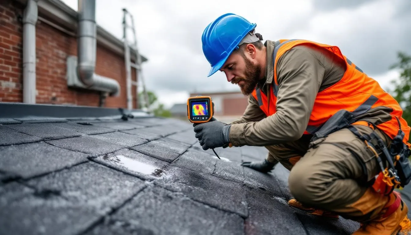A professional roofer is using specialized leak detection equipment on a roof in Philadelphia, assessing the area for potential issues such as roof leaks or storm damage. This urgent roof repair service aims to identify problems before they lead to further interior damage or expensive repairs.