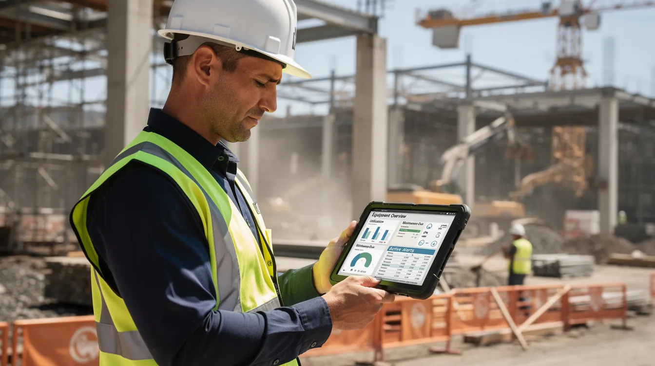 Construction manager reviewing equipment information on a tablet at a commercial jobsite.