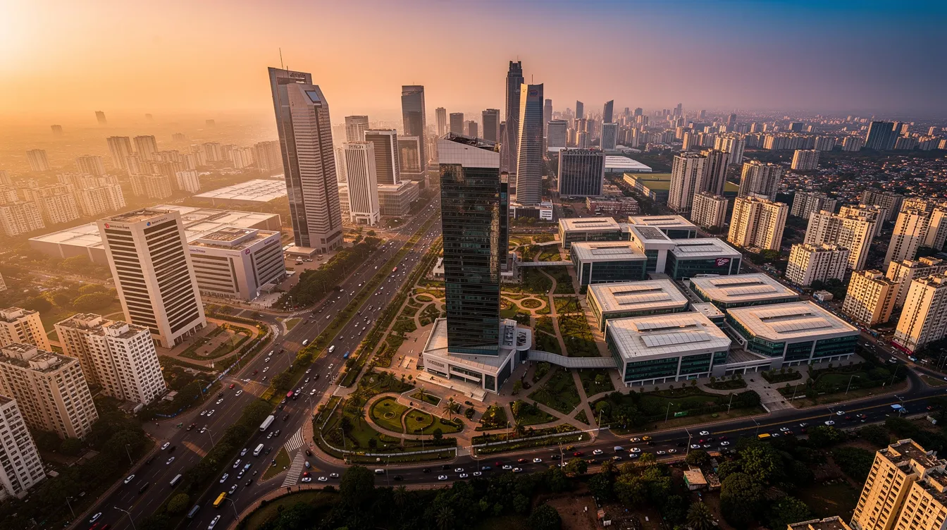 The image captures an aerial view of Hyderabad's city skyline at sunset, showcasing modern office towers and tech parks bathed in warm hues. This vibrant scene reflects the growing demand for business opportunities in Hyderabad, an ideal place for aspiring entrepreneurs and tech startups.