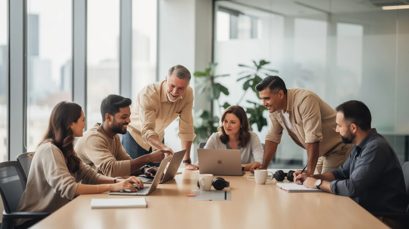 A diverse team of professionals is collaborating around laptops in a modern office workspace, discussing strategies for developing Shopify stores and enhancing ecommerce marketing solutions. The environment showcases a blend of creativity and technology, emphasizing teamwork in the realm of Shopify development.