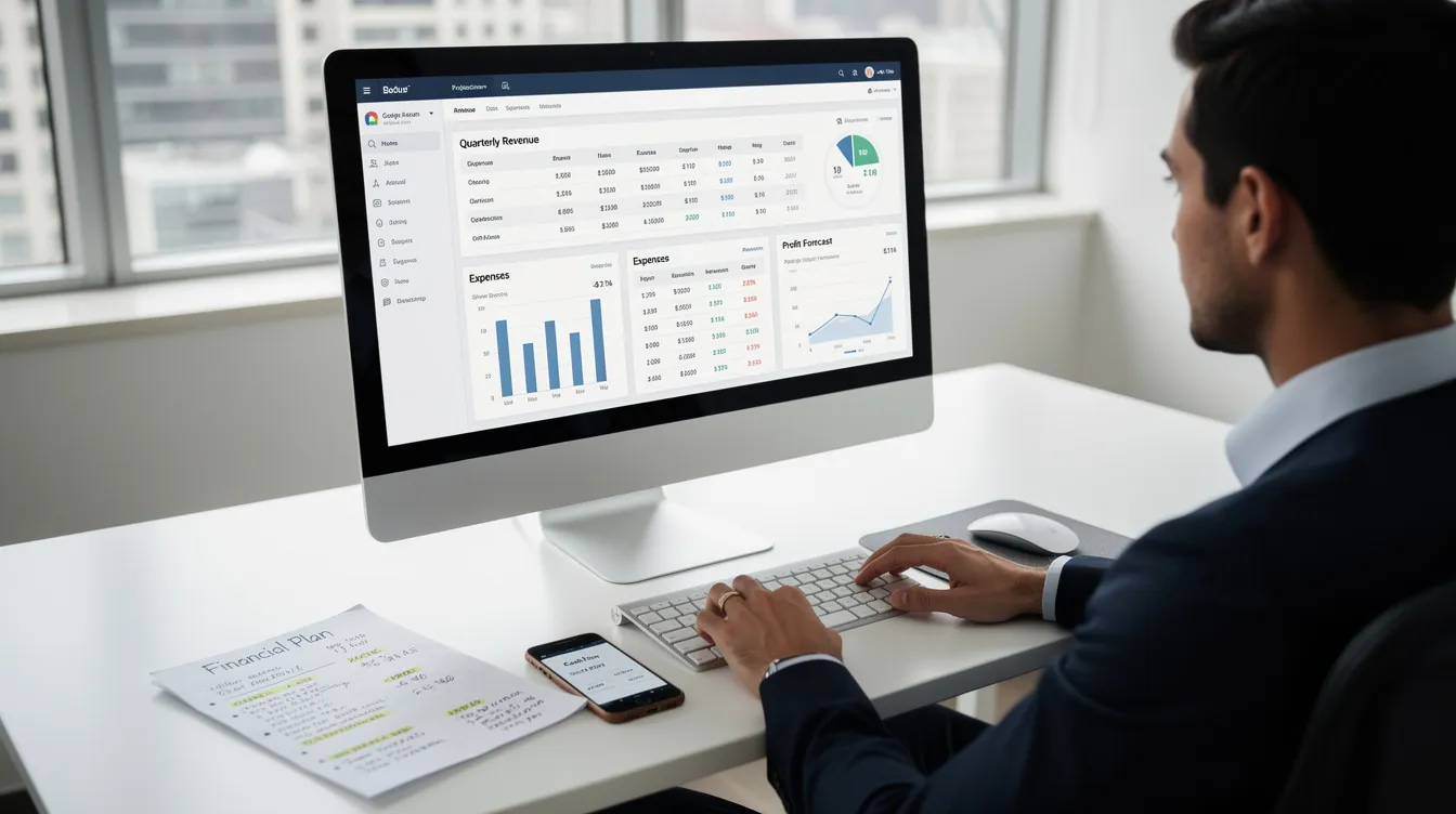 a82306d5 d68d 4c75 a6e6 543e34338991 A business owner is intently reviewing financial projections displayed on a computer screen, surrounded by notes and a smartphone, indicating a focus on essential financial data for loan approval and business planning. The scene suggests preparation for a bank loan application, highlighting the importance of accurate financial information and project report preparation.