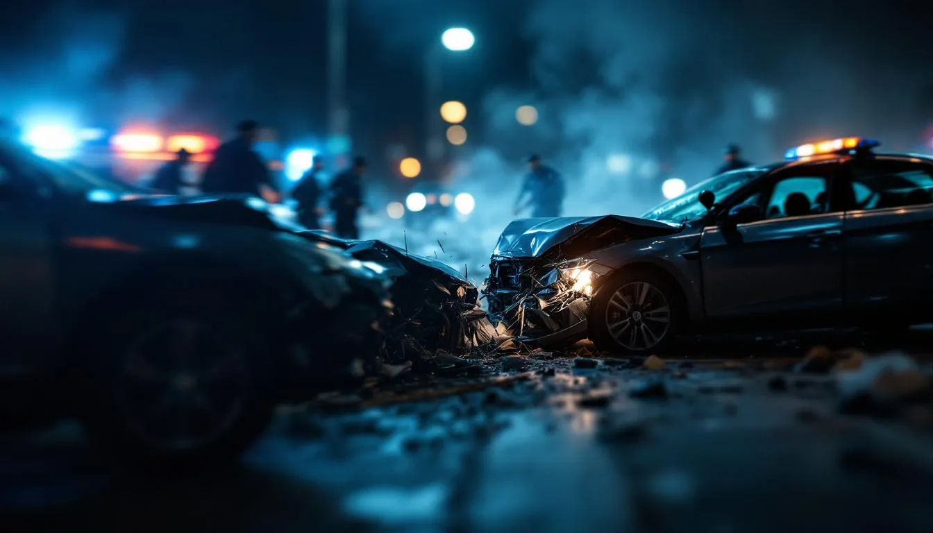 A blurred image of a car accident scene in Aurora with police and emergency responders.