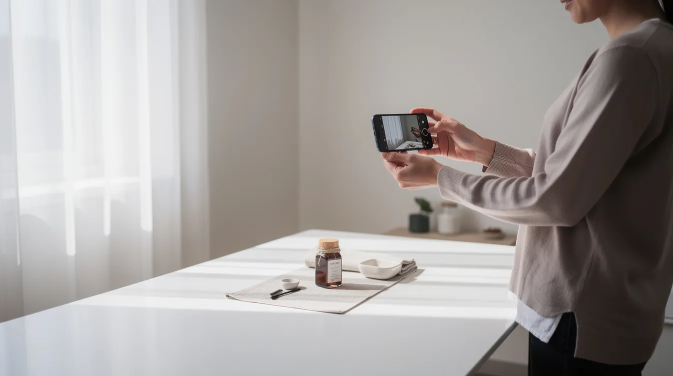 A person is taking product photos with a smartphone near a window, capturing the natural light to enhance the product's appeal for their online store. This setup is ideal for creating high-quality images that can drive sales and attract new customers in the competitive online business environment.