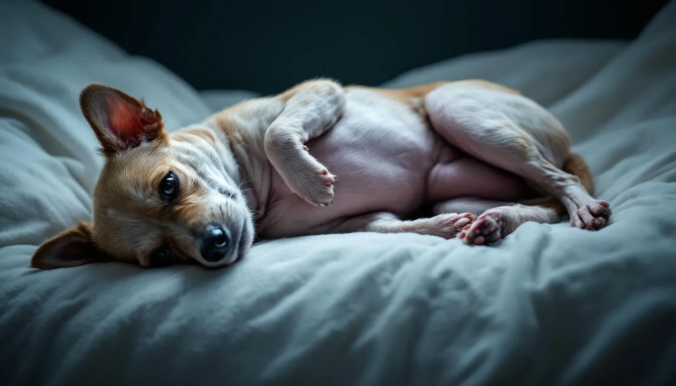 A sick puppy lies on a soft surface, displaying lethargy and a noticeable lack of appetite, indicative of a potential canine parvovirus infection. The puppy