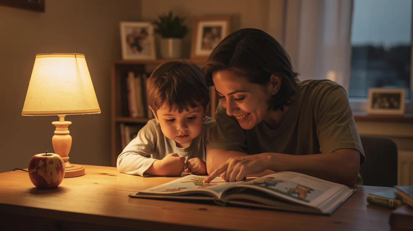 A parent and child sit closely together at a desk, both engaged in looking at a book under warm lighting. This intimate moment highlights the child's learning process, as they share in the experience of literacy development and explore academic skills together.