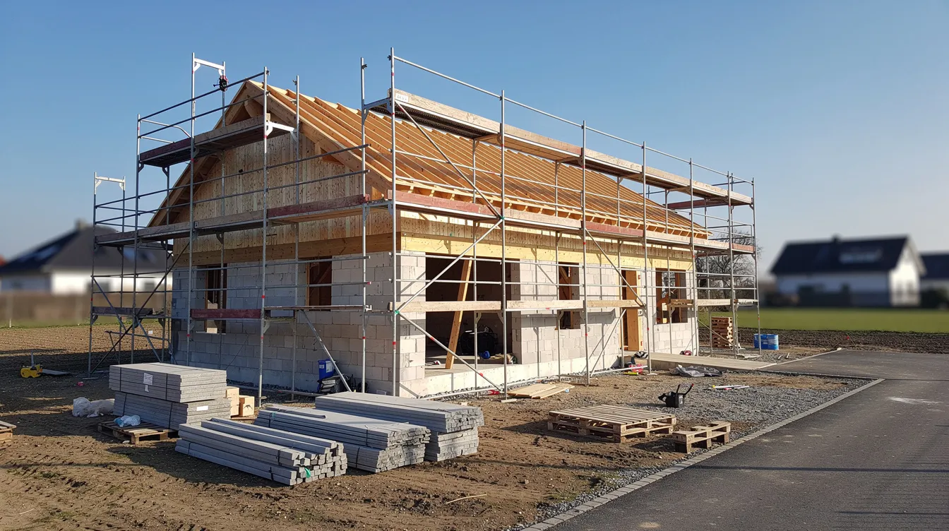 L'image montre une maison individuelle en cours de construction, entourée d'échafaudages, sous un ciel dégagé. Ce chantier illustre l'importance de souscrire une assurance dommages ouvrage pour protéger le maître d'ouvrage contre les sinistres éventuels durant la réalisation des travaux.