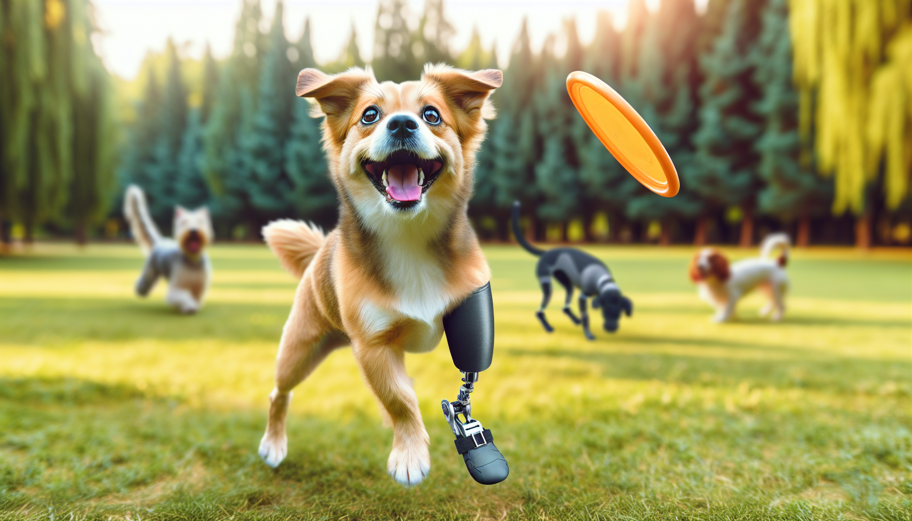 AI generated image of a dog wearing a prosthetic socket and foot running outdoors