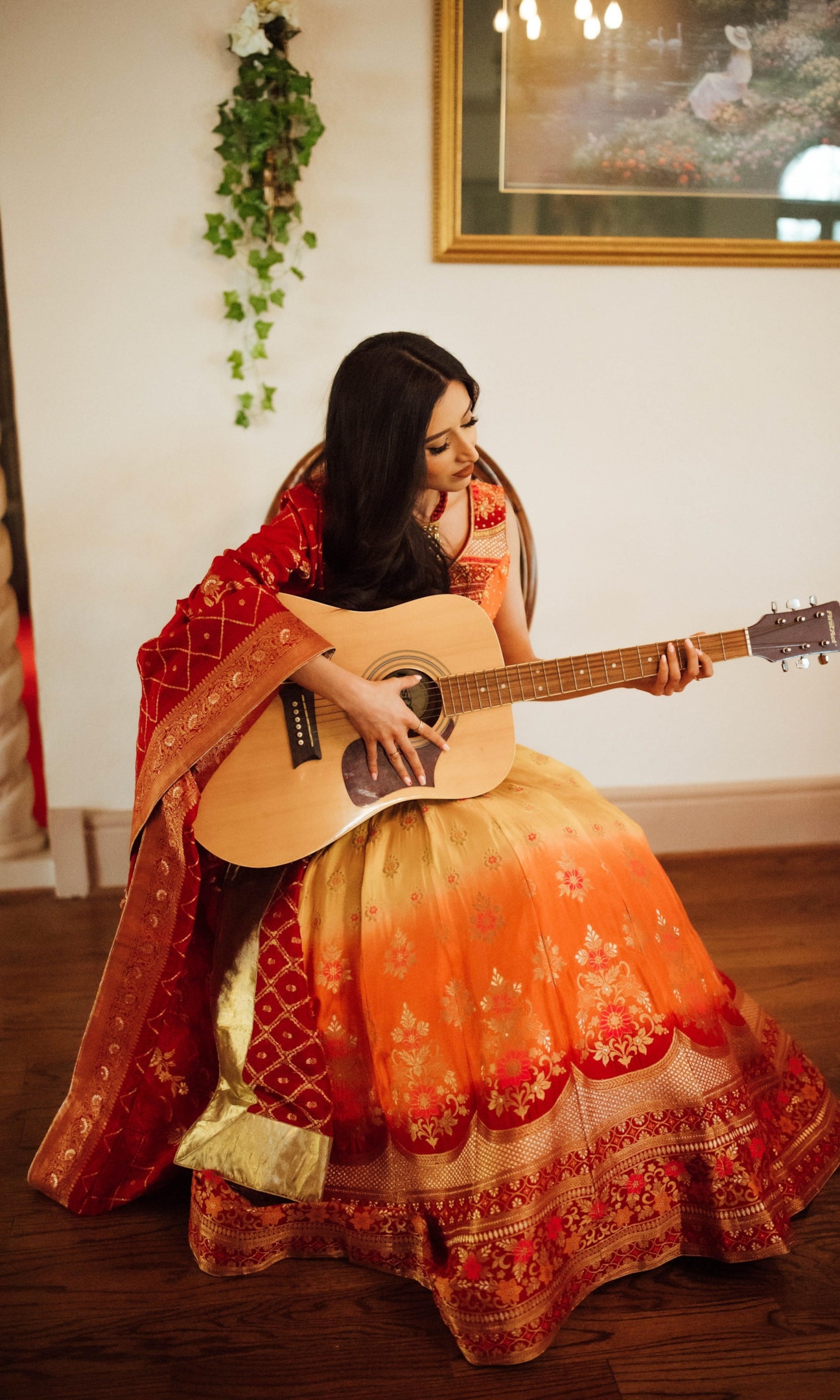 A bright yellow lehenga choli ideal for daytime ceremonies.