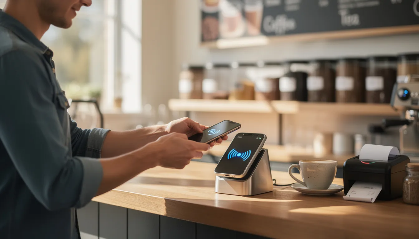 A person is using a smartphone to make a contactless payment at a coffee shop, utilizing a mobile wallet application like Apple Pay or Google Pay for a seamless transaction. The scene captures the convenience of digital payments as the customer completes their purchase without cash or physical credit cards.