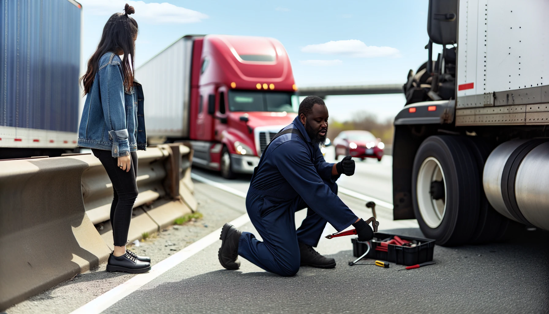 A mobile mechanic providing roadside assistance to a commercial truck