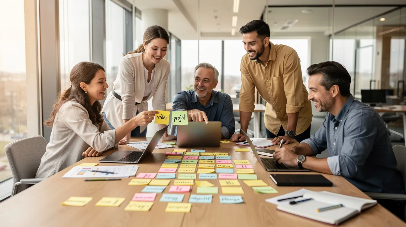 Une équipe diversifiée, composée de personnes aux différentes formes d'intelligence, collabore autour d'une table dans un bureau moderne, entourée de post-it colorés. Cette image illustre l'importance de la collaboration et de la prise en compte des talents variés pour le développement et le bien-être au sein du milieu professionnel.
