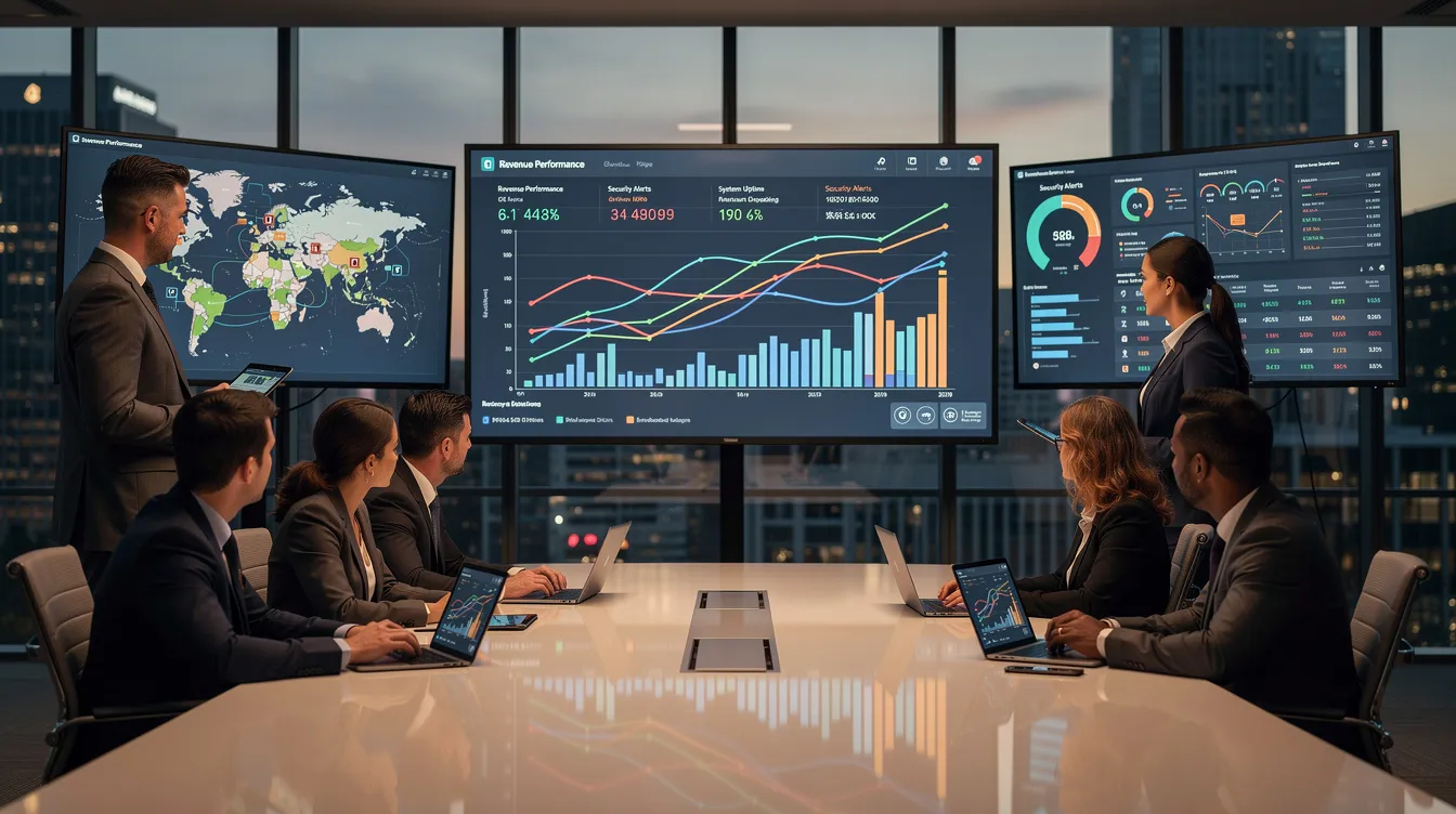 The image depicts a group of business professionals engaged in a discussion as they analyze analytics and security metrics displayed on large screens. They are likely focused on cybersecurity performance indicators, reflecting the importance of skills learned in a cybersecurity bootcamp for roles such as cybersecurity analysts and security consultants.