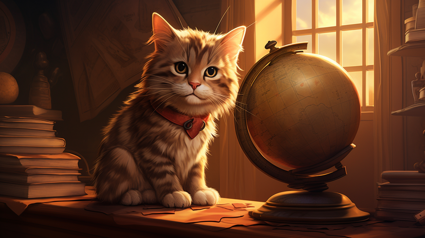 Cartoon version of an orange cat next to a globe.
