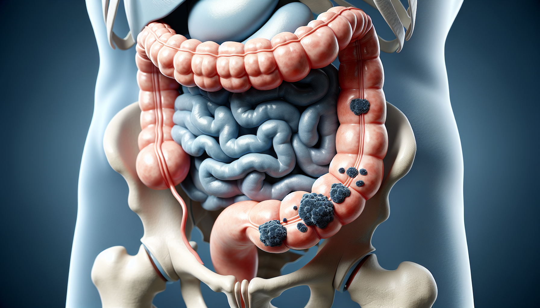 A medical illustration showing the spread of cancer cells in stage 3 colon cancer