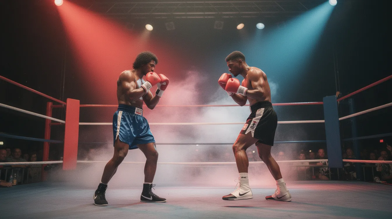 Zwei Boxer stehen sich in einem hell erleuchteten Boxring gegenüber, umgeben von rotem und blauem Licht sowie aufsteigenden Nebelschwaden. Im Hintergrund ist das Publikum nur als Silhouette sichtbar, was die 80er-Jahre-Ästhetik des Kampfes zwischen Rocky Balboa und Ivan Drago unterstreicht.