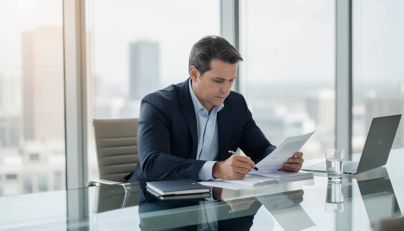 A business professional is seated at a conference table, intently reviewing documents during a meeting. The setting suggests a focus on crucial business information, potentially related to the Worldpay dashboard mobile app, which empowers small business owners to manage transactions and monitor revenue streams efficiently.