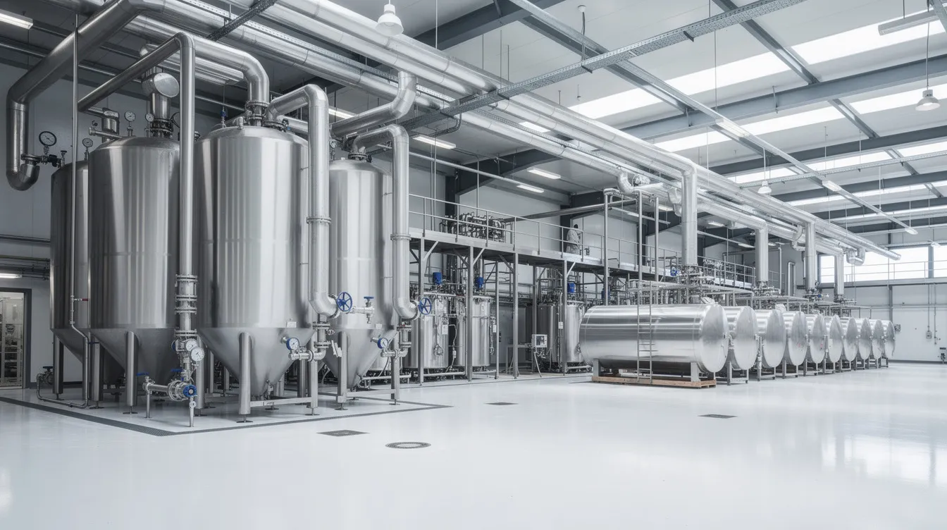 a833b0bf 7212 41d9 b485 d5d5c523f197 The image shows industrial stainless steel milk processing equipment inside a large dairy factory, highlighting the advanced machinery used in the milk processing plant for producing pasteurized and UHT milk. This facility is designed to ensure food safety standards and enhance the shelf life of dairy products through efficient processing and packaging methods.