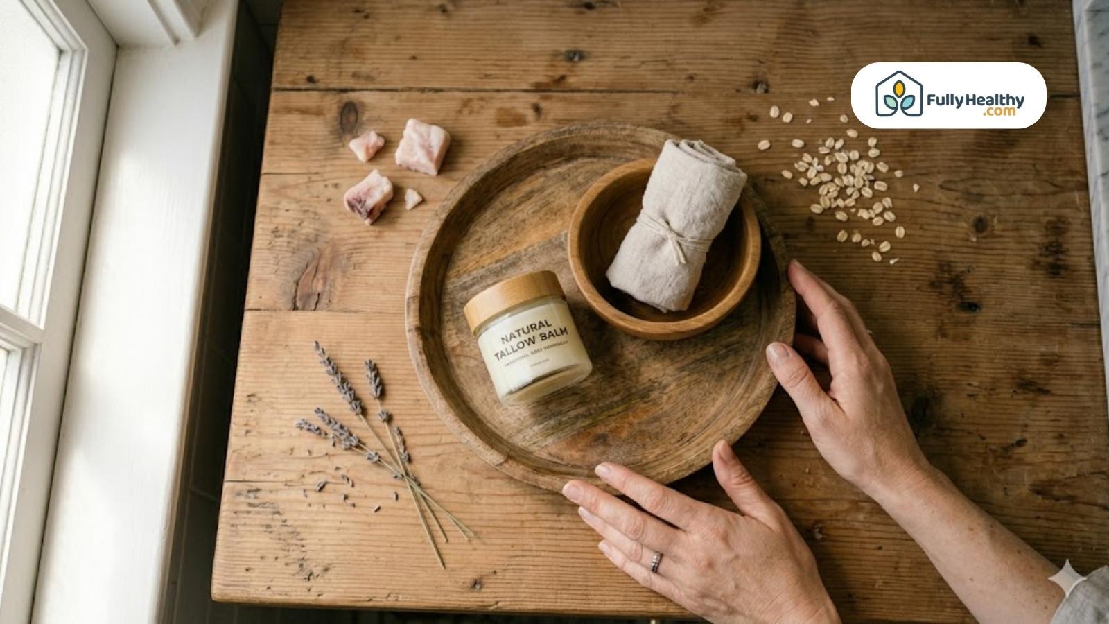 Natural tallow balm jar with skincare items arranged on wooden tray