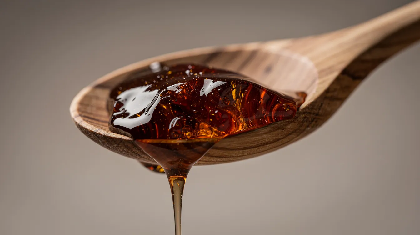 A close-up view of a small wooden spoon holding dark brown sticky shilajit resin, showcasing its tar-like texture against a neutral background. This pure Himalayan shilajit is known for its mineral-rich content and is often used in shilajit supplements for its potential health benefits.