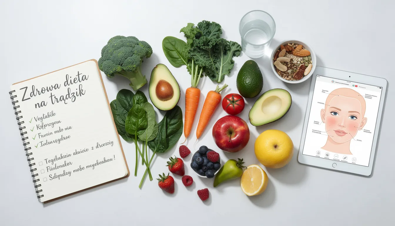 Na zdjęciu widoczne są świeże warzywa i owoce, które stanowią kluczowy element diety wspierającej leczenie trądziku młodzieńczego. Ich obecność podkreśla znaczenie zdrowego odżywiania w redukcji stanów zapalnych skóry oraz poprawie ogólnej kondycji skóry.