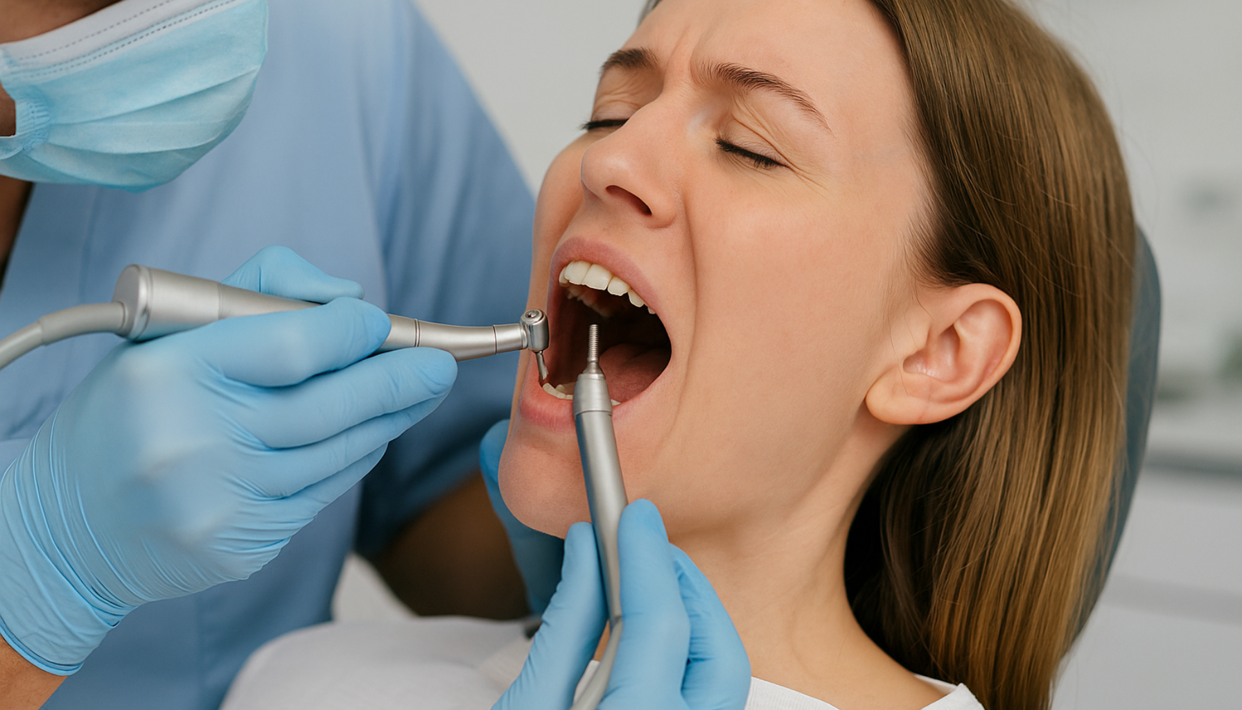 Tannimplantat i Norge: Hva Du Bør Vite Før Du Velger 17 Kvinne får tannimplantat hos tannlege som bruker spesialverktøy, mens hun ligger i behandlingsstol med lukket øye.