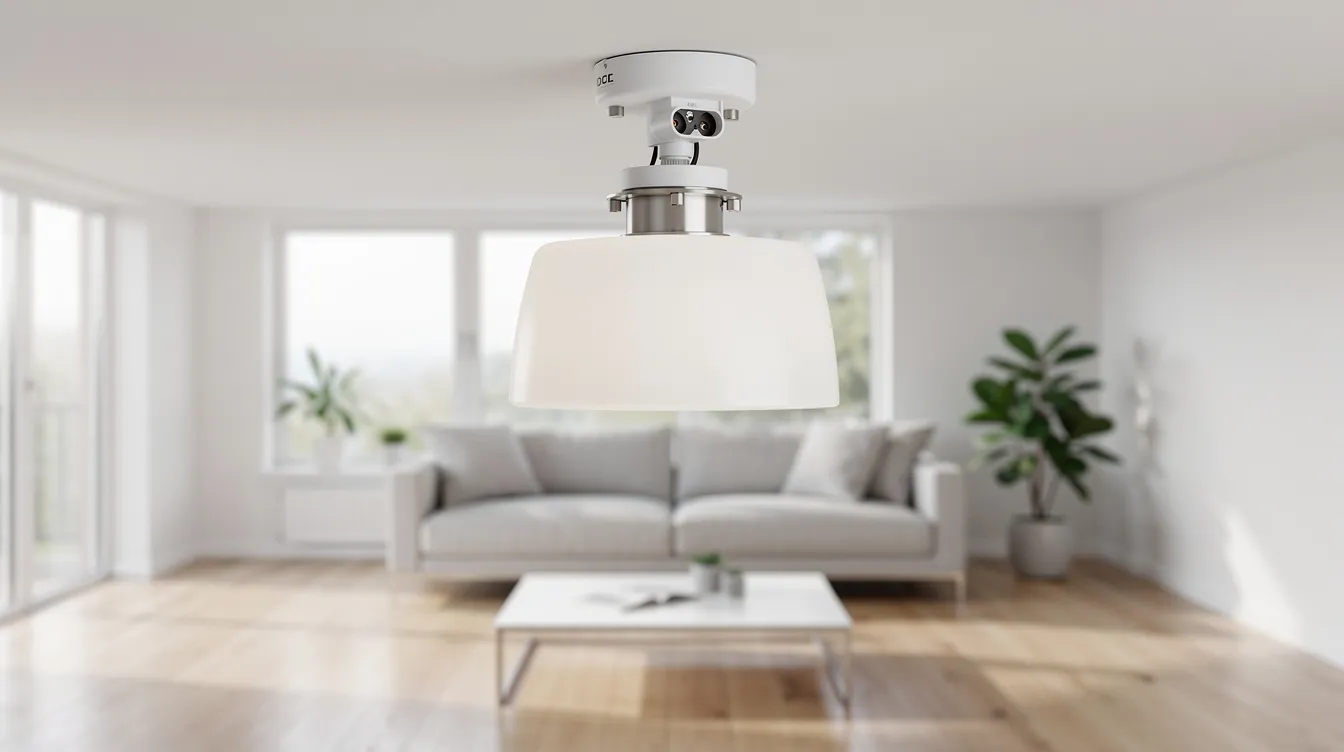 En modern taklampa är monterad i ett ljust vardagsrum, där den synliga DCL-kontakten visar hur lampan kopplas in. Rummet har en luftig känsla och lampans design bidrar till en stilren atmosfär.