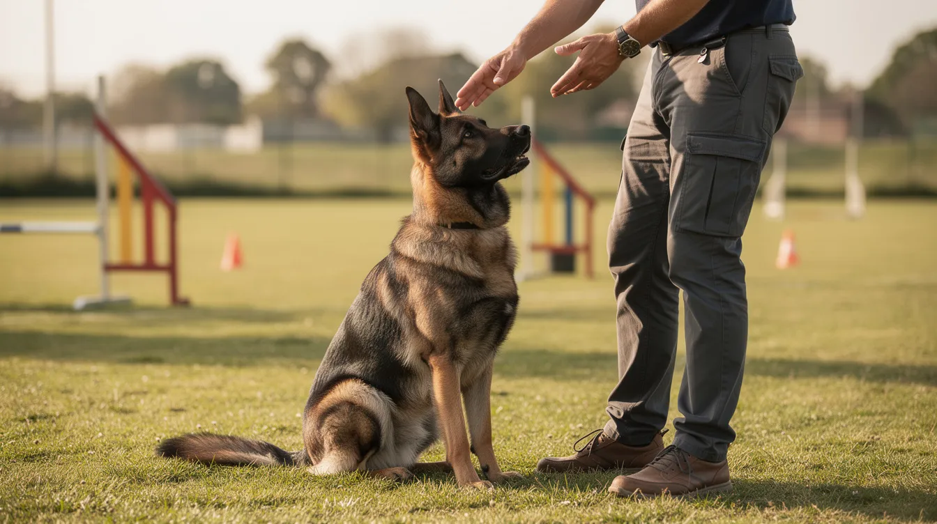 The image depicts a German Shepherd dog, showcasing its strong build and alert expression, positioned in a training session with a professional dog trainer. The setting highlights the importance of obedience training and proper socialization, emphasizing the intelligent nature of this popular dog breed.