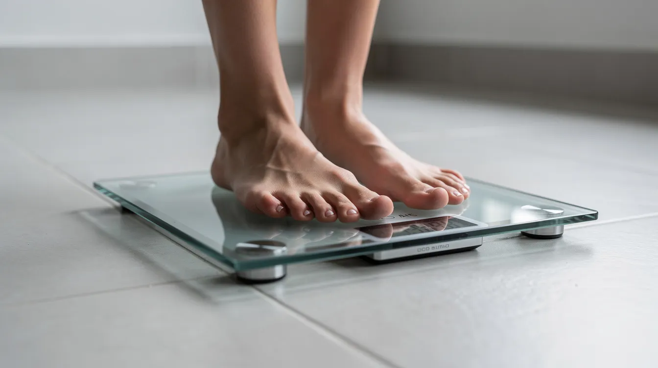 A person is standing barefoot on a sleek digital bathroom scale, which displays precise measurements of their body weight on a tiled floor. The scale is designed to provide accurate health metrics, including body fat percentage and muscle mass, contributing to a better understanding of body composition.