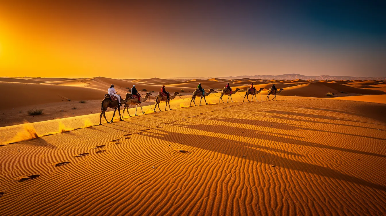 A camel caravan travels across the golden dunes of the Sahara Desert at sunset, casting long shadows as the sun dips below the horizon. This serene scene captures the essence of Morocco's natural beauty and offers a glimpse into the traditional nomadic lifestyle that attracts many visitors to the country.
