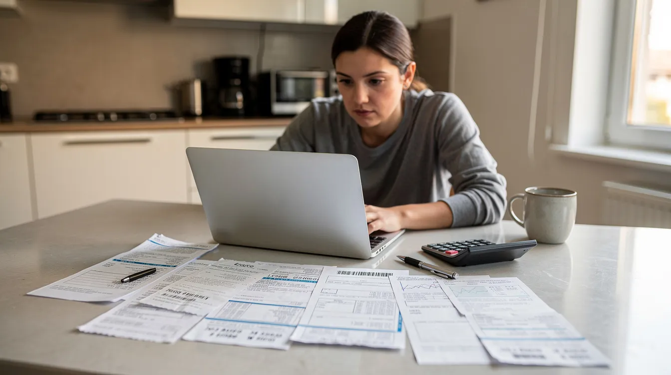 A person is seated at a kitchen table, reviewing financial documents alongside a laptop and calculator, focusing on aspects like home equity lines and monthly payments. The scene suggests a thoughtful analysis of options such as home equity loans and potential tax benefits related to borrowing against home value.