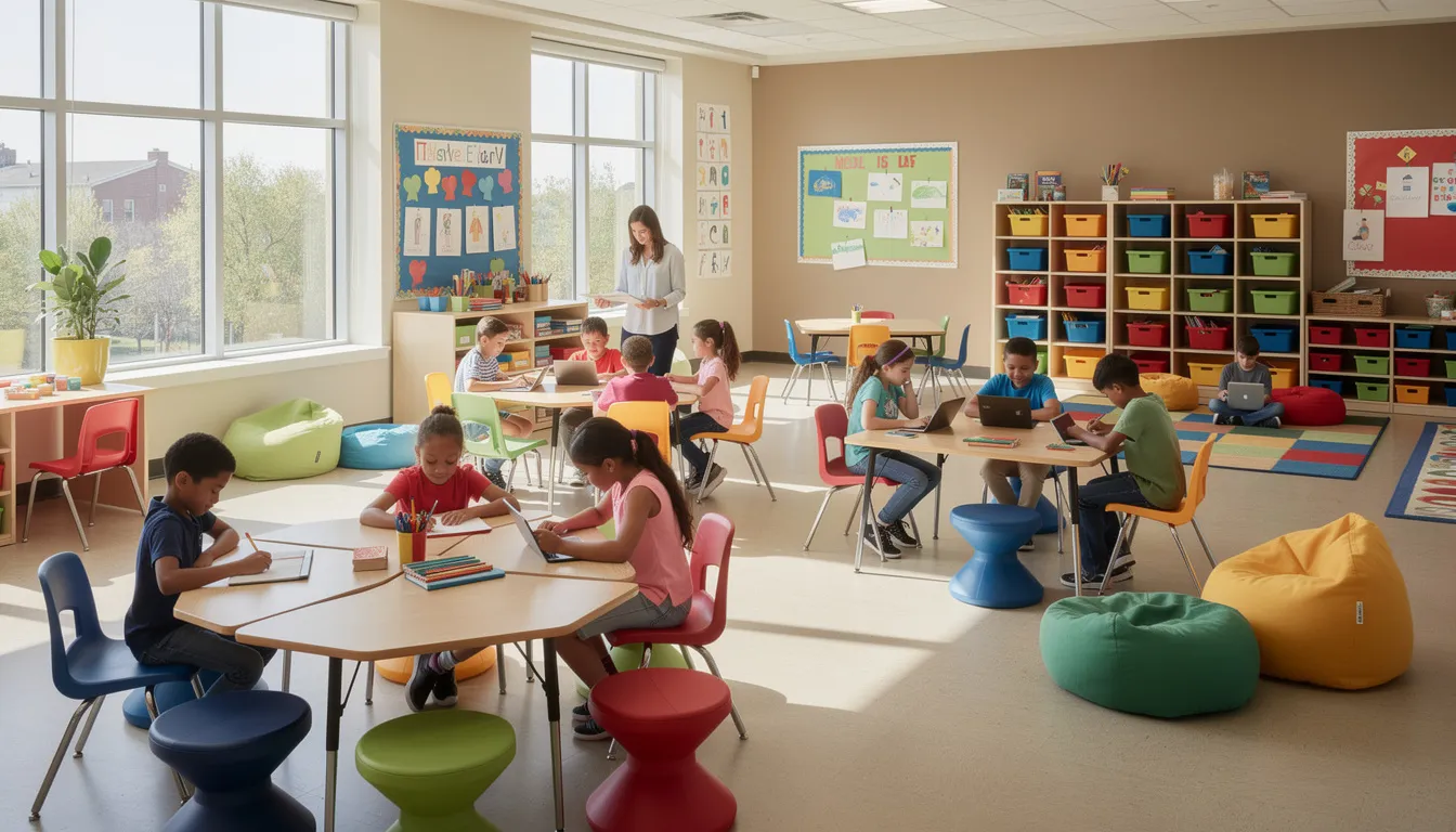 The image depicts a modern elementary classroom featuring colorful flexible seating arrangements, where students are engaged in collaborative work at various table configurations. The overall design promotes easy access and mobility, allowing students to learn and create in an organized space.