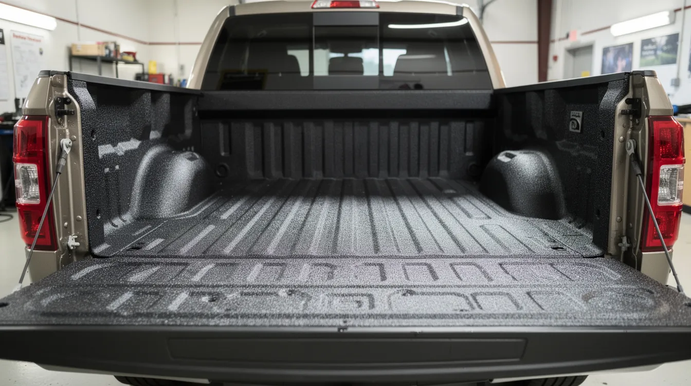 The image features a truck bed coated with a black spray in bed liner, showcasing its durable and protective surface designed to enhance the truck's longevity and resistance to corrosion and abrasion. The bed liner is applied evenly, ensuring a fine finish that helps maintain the truck bed's quality over the years.