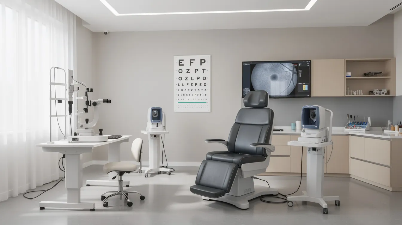 The image depicts a modern ophthalmology consultation room featuring advanced diagnostic equipment and a comfortable examination chair, designed to enhance patient care and support services in an eye hospital. This healthcare facility emphasizes patient safety and operational efficiency, ensuring a high-quality experience for those seeking vision correction.