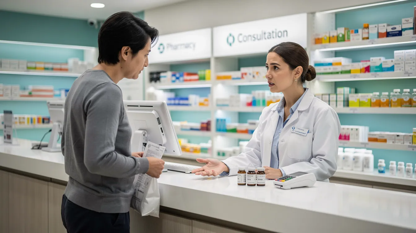 The image depicts a person engaged in a consultation with a pharmacist at a modern dispensary counter, where they discuss options related to the medical marijuana program and the legal status of THCA products. The setting highlights the professional environment of licensed dispensaries, catering to registered medical marijuana patients seeking information on hemp-derived products.