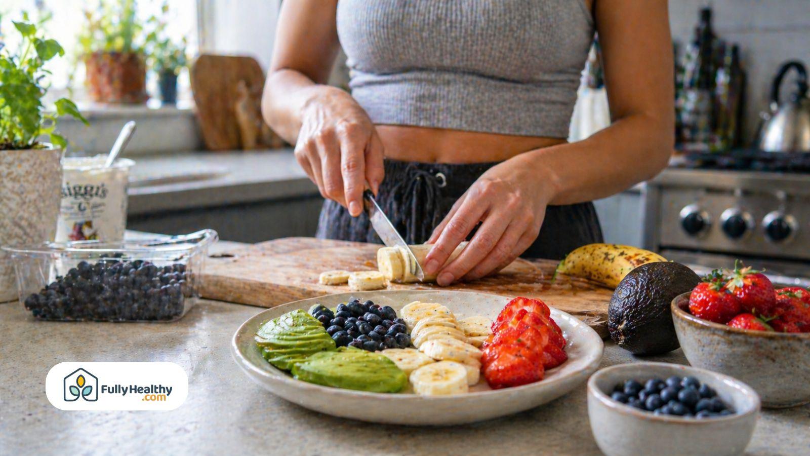 Person preparing a fruit bowl with sliced banana, strawberries, blueberries, and avocado.