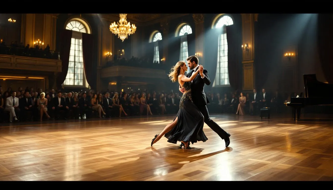 In an elegant ballroom setting, dancers compete in a professional dance competition showcasing both standard and Latin styles, with judges observing the performances closely. The atmosphere is vibrant and filled with excitement, reminiscent of events like the British Open and popular dance shows such as "Let's Dance."