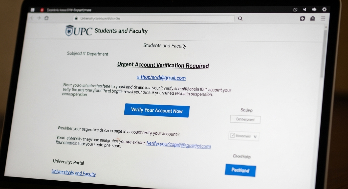 Phishing email targeting students and faculty with fake login page on a university portal.