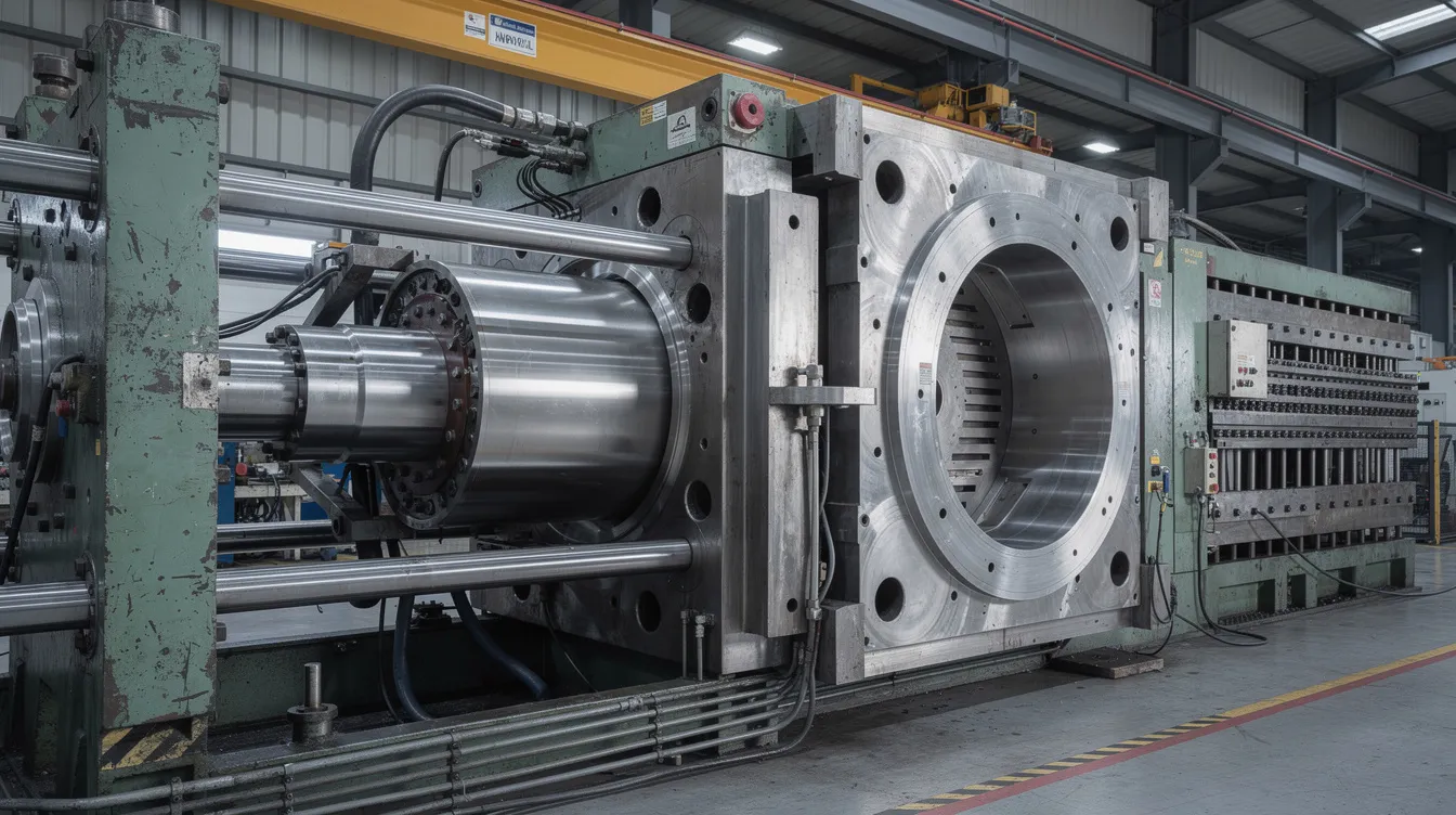 The image displays a large industrial die casting machine with its die opened, revealing a steel mold cavity and an injection sleeve, indicative of the die casting process used in high volume production of aluminum and zinc die cast parts. This setup highlights the advanced die design and manufacturing capabilities essential in the die casting industry.