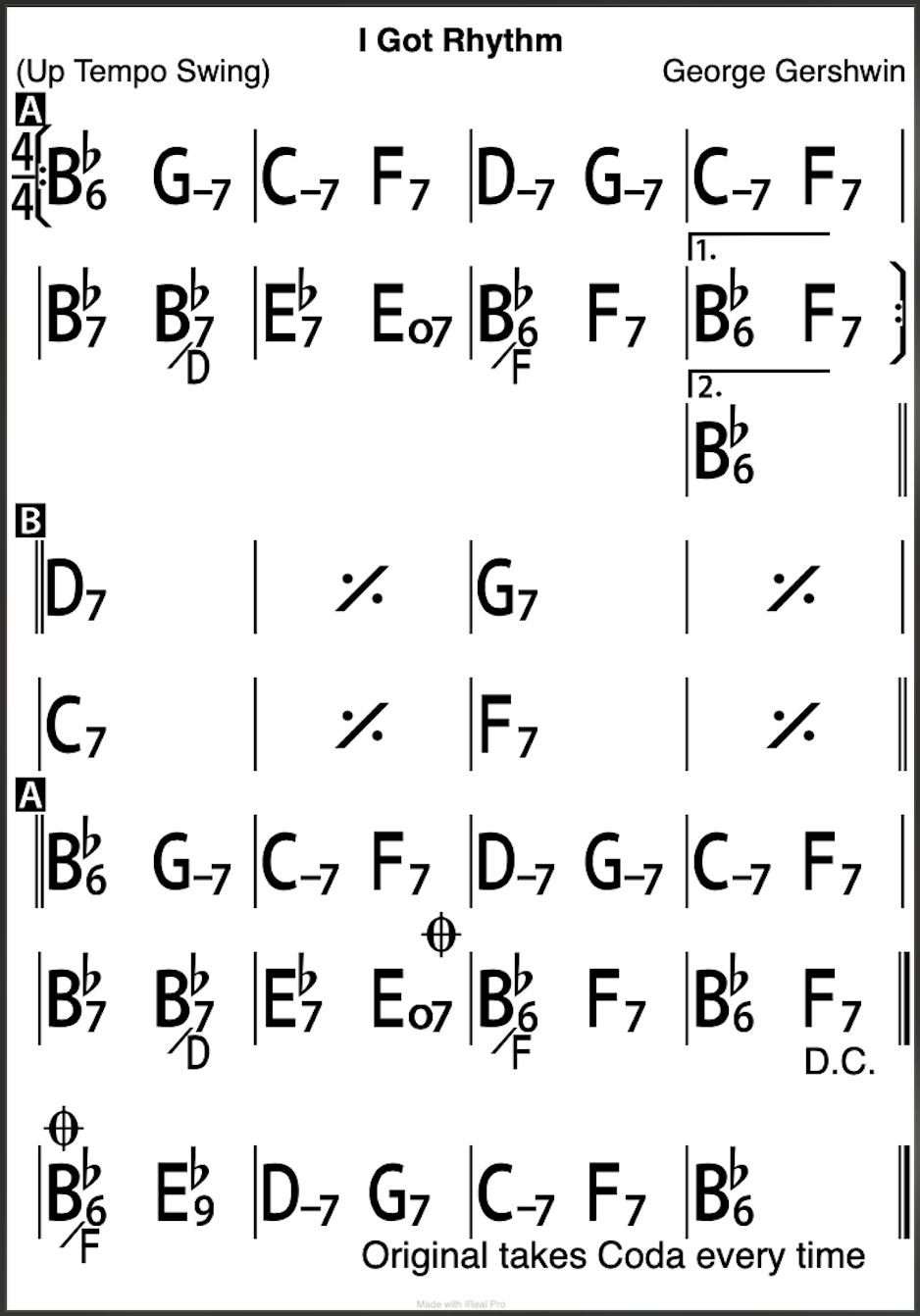 Chord Chart for the origianl Rhythm Changes tune, "I Got Rhythm."