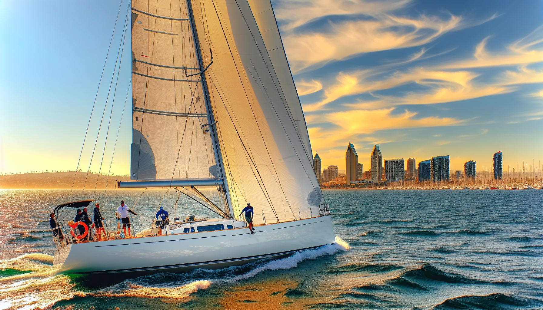 Sailing yacht with San Diego skyline in the background