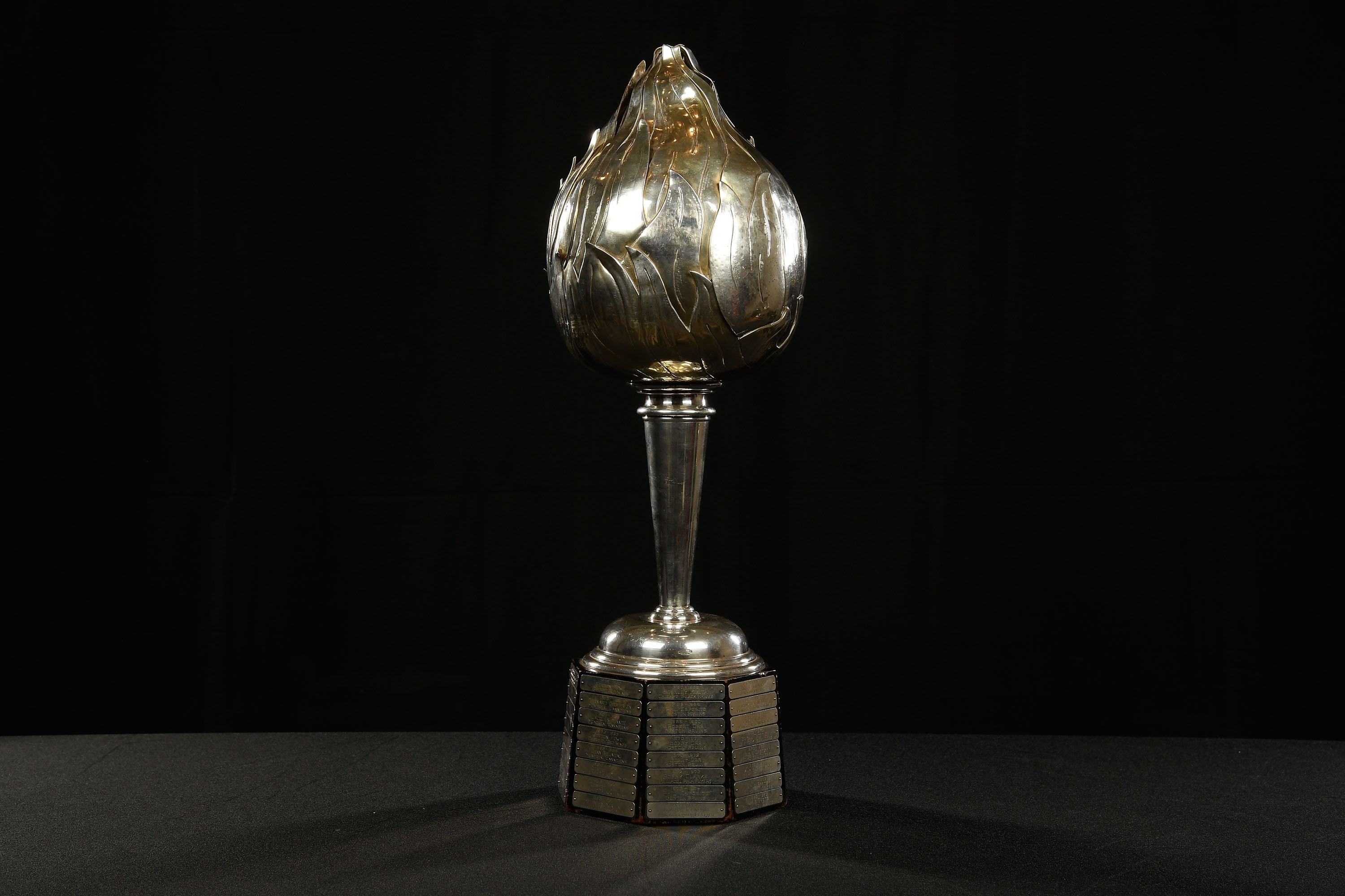 A view of the Hart Trophy positioned on a table at the NHL Awards ceremony.