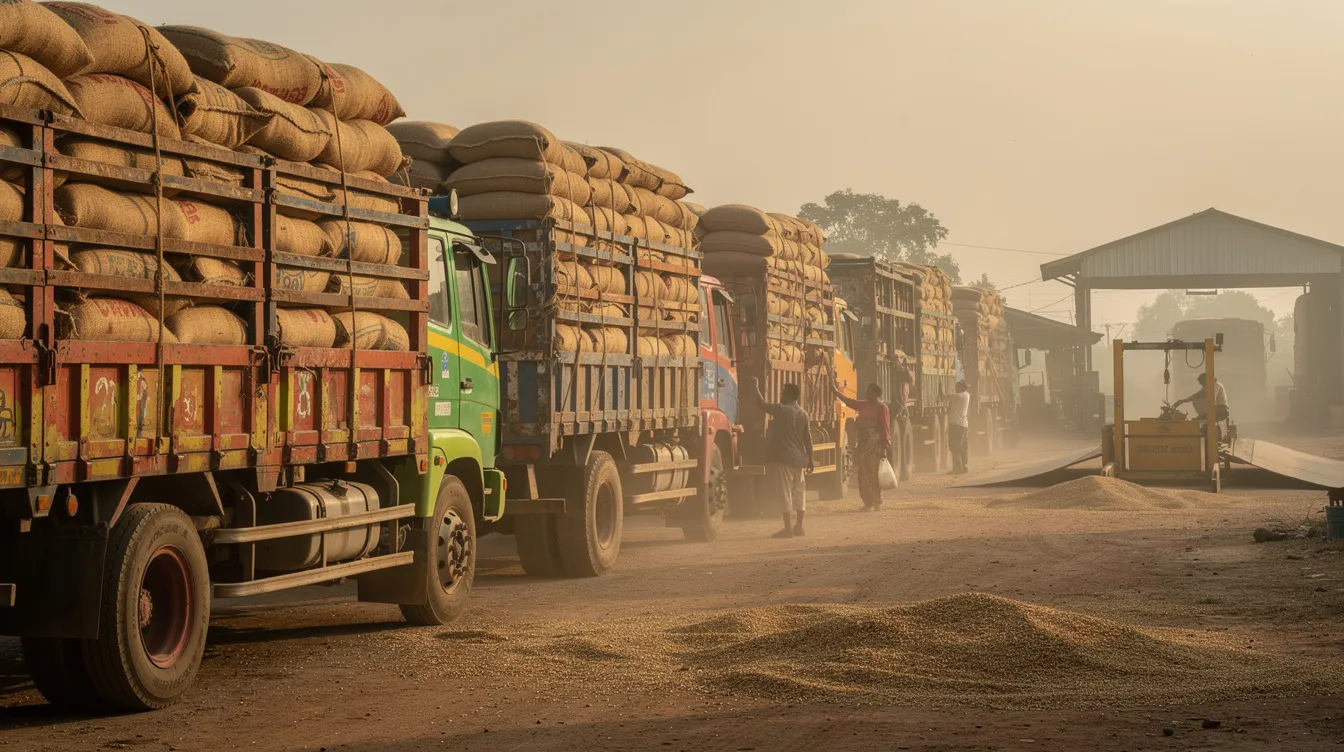 a8439329 3de7 419c 8edd 1a7418fc6806 The image depicts heavy trucks lined up at a grain market collection point, each loaded with jute bags filled with paddy rice. This scene highlights the essential role of paddy procurement in the rice processing industry, as well as the significant scale of rice production and market demand in regions like West Bengal and Andhra Pradesh.