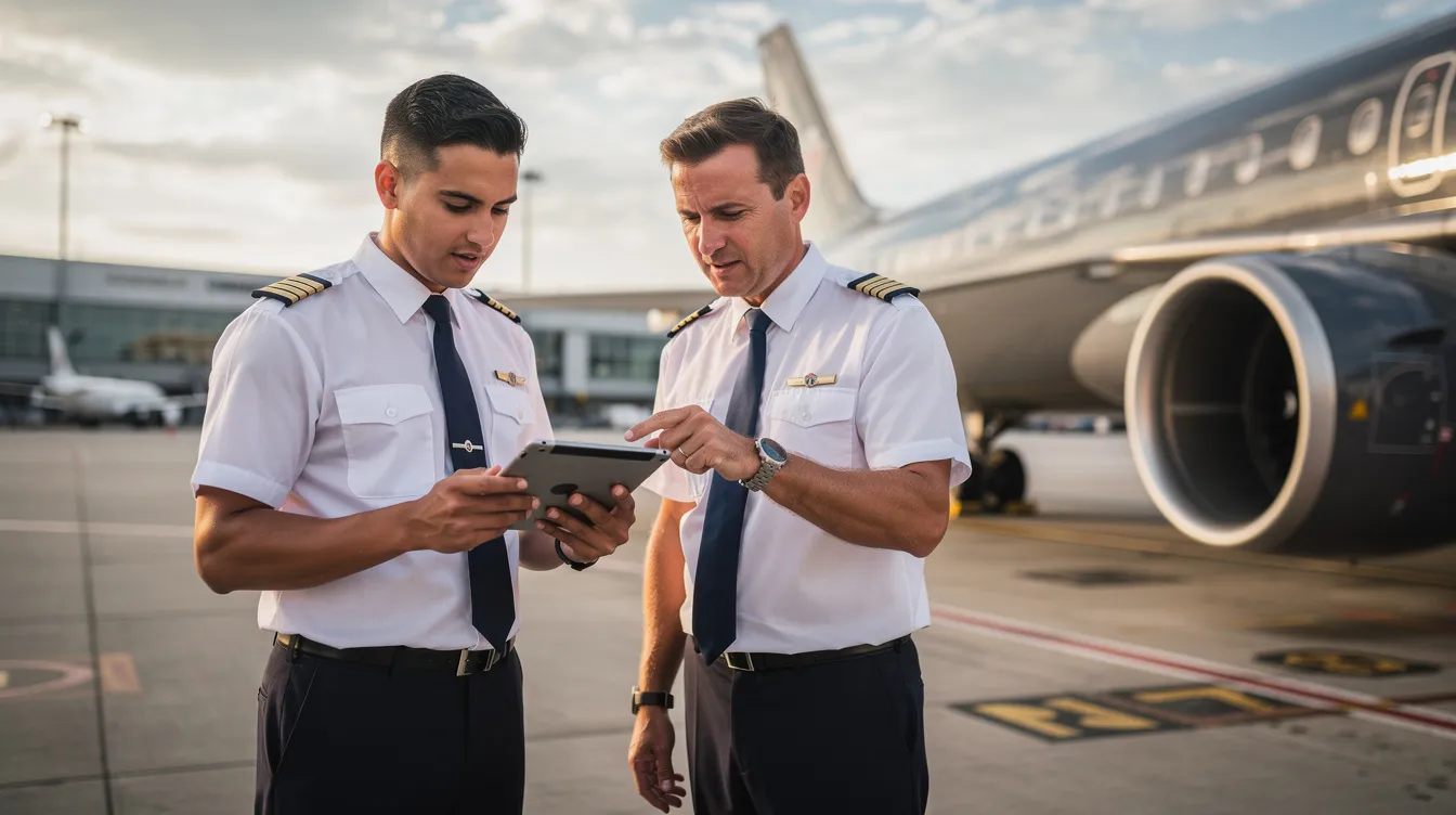 Two pilots are standing beside a parked aircraft, reviewing a tablet together in preparation for a training session. This scene highlights the importance of effective training management and compliance tracking in aviation training programs.
