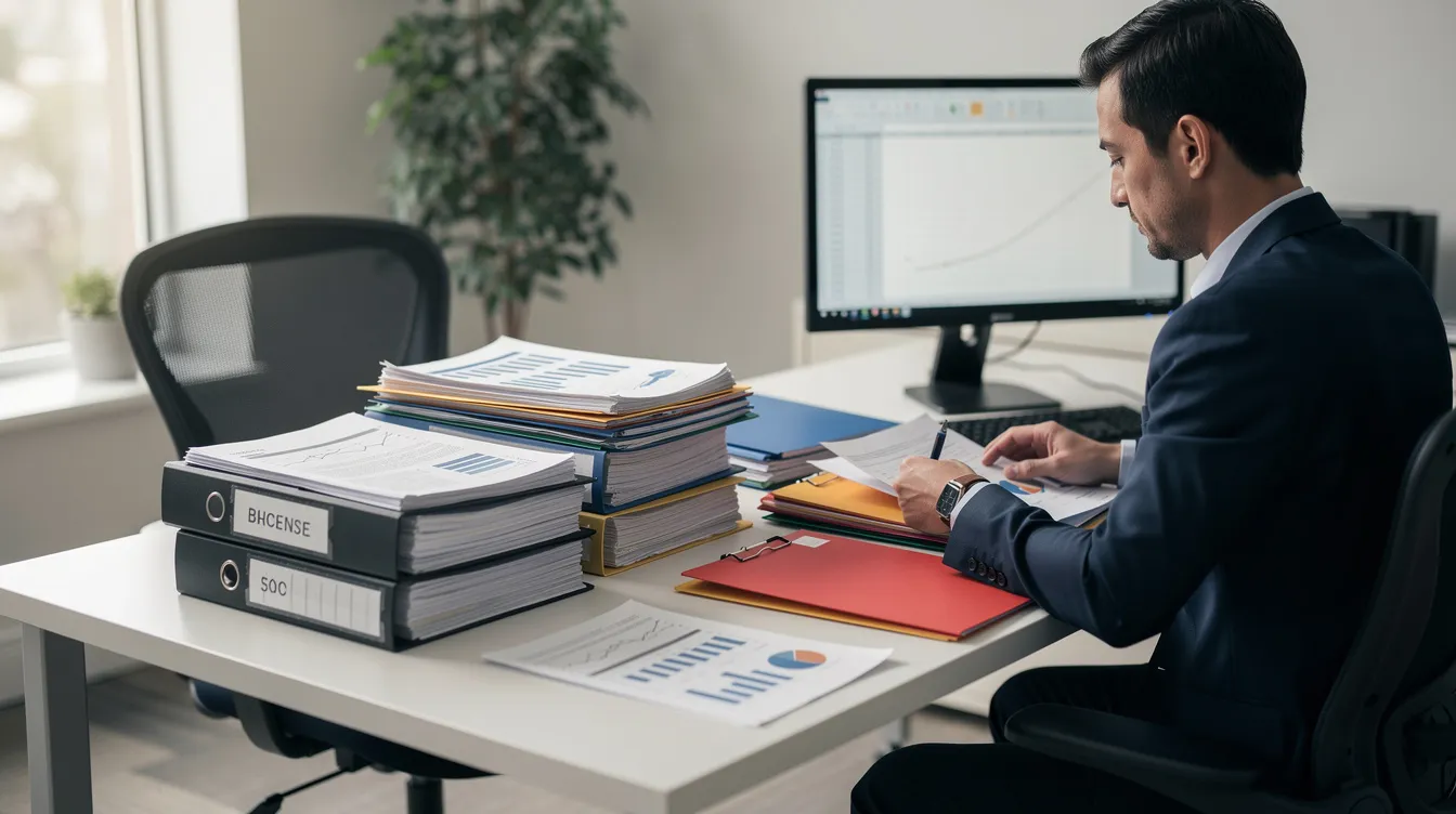 a845ed6a d35d 407b 8d37 49f931130442 The image shows a person sitting at a desk, carefully organizing various business documents and files, which may include business plans and loan applications for micro enterprises. This scene reflects the diligence required by eligible borrowers, such as beneficiary micro unit entrepreneurs, in managing their financial assistance and preparing for future growth development.