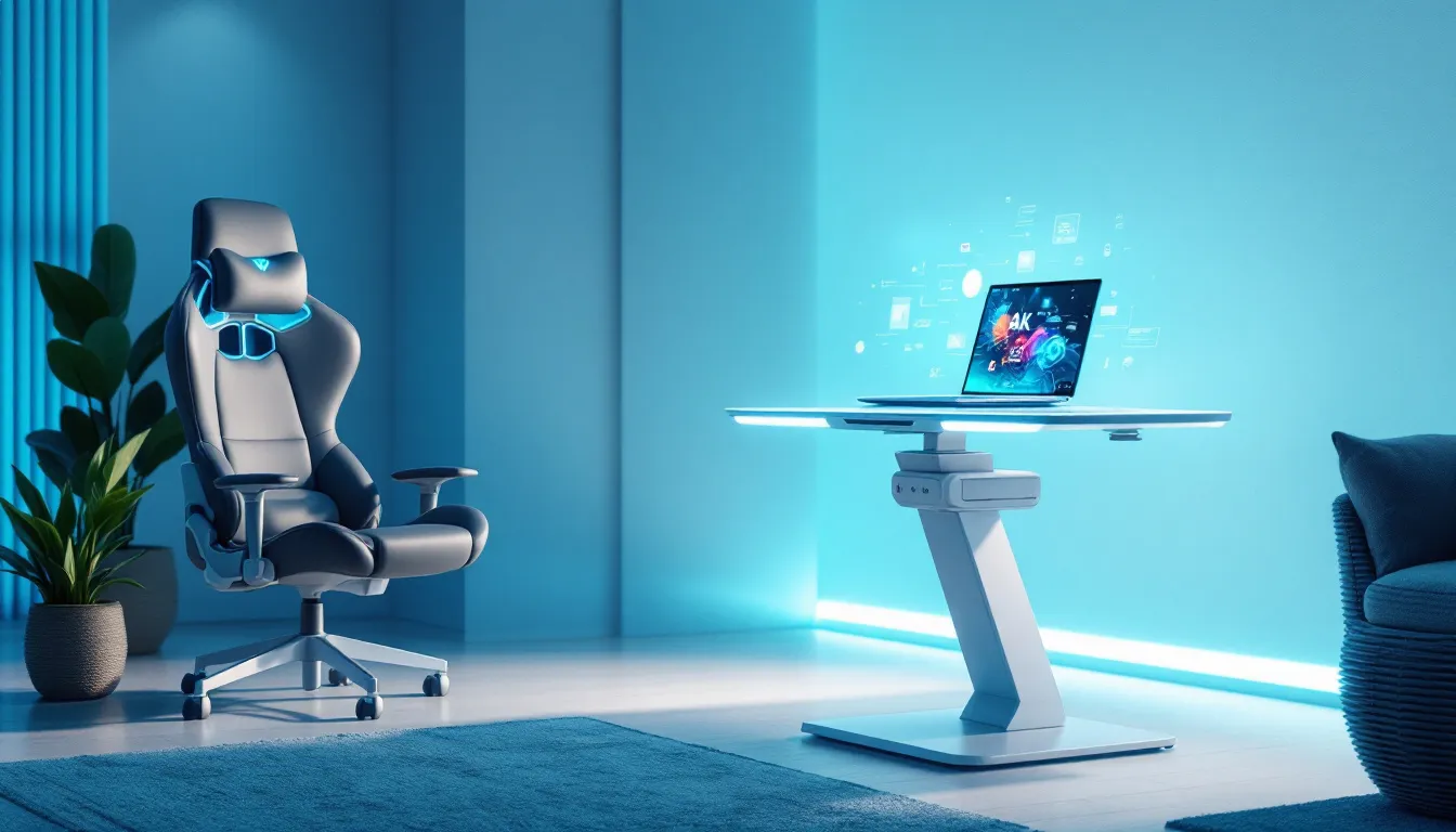 Wesentliche Hardware für das hybride Homeoffice 2025, einschließlich Laptop und ergonomischer Möbel.