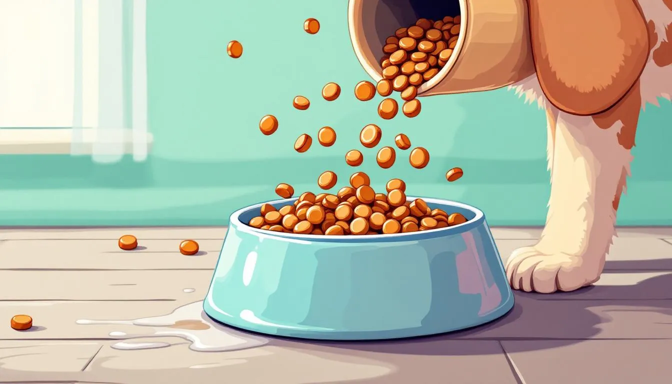 An image of high-quality dog food being poured into a bowl, showcasing prevention tips for soft dog poop.