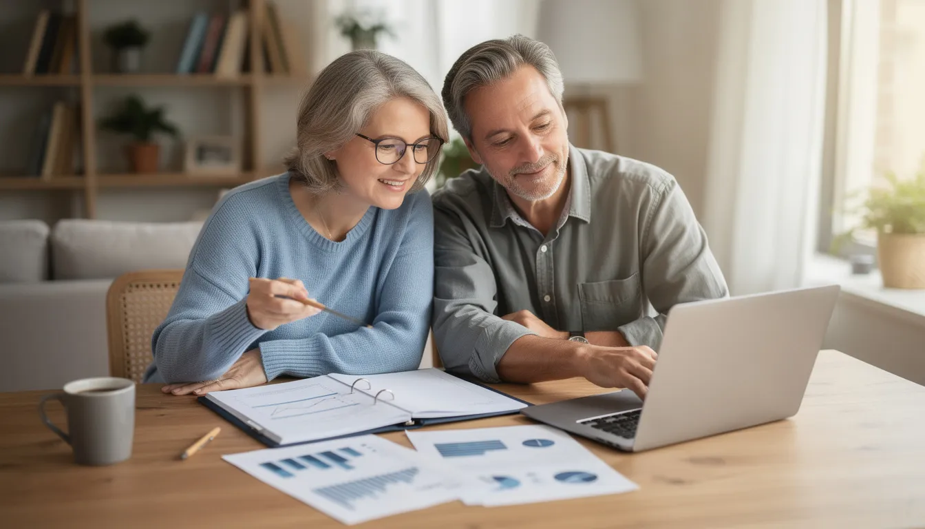 A mature couple sits together at their dining table, reviewing financial plans and discussing their personal and business investments. They appear focused on achieving their personal financial goals, highlighting the importance of wealth management for business owners and strategic financial planning.