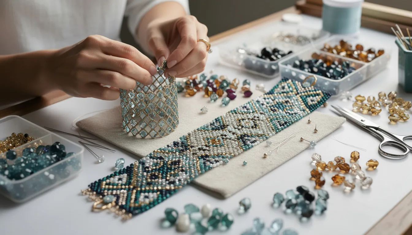 The image showcases an array of intricate jewellery pieces made from various crystal beads, gemstone beads, and glass beads, highlighting advanced beading techniques like layering and texturing. The vibrant colours and diverse shapes create stunning necklaces, bracelets, and pendants that reflect creativity and craftsmanship in jewellery making.