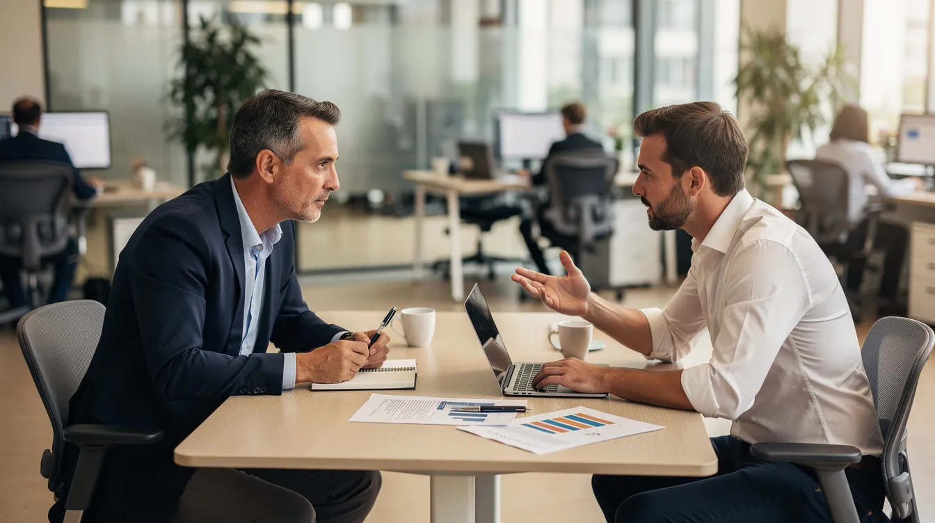 Un manager et un commercial discutent d'un débriefing après un rendez-vous dans un espace de travail ouvert, échangeant sur les résultats de la phase de découverte et les besoins du client. Ils prennent des notes sur les questions posées et les prochaines étapes à suivre pour optimiser leur stratégie commerciale.