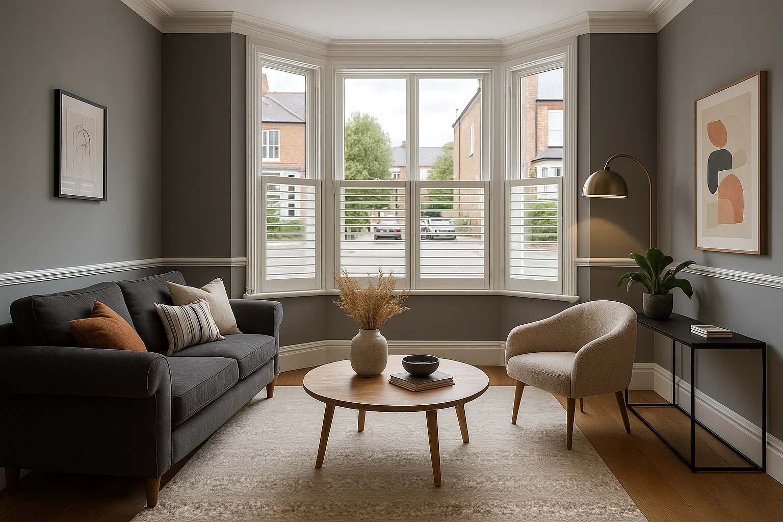 Café style shutters on a street-facing UK living room window